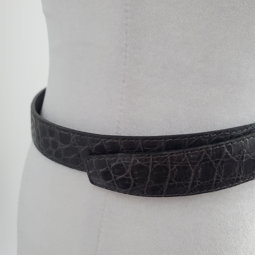 PERRY ELLIS Women's Black Leather Croc Belt Silvertone Square Buckle Distressed - Picture 4 of 8